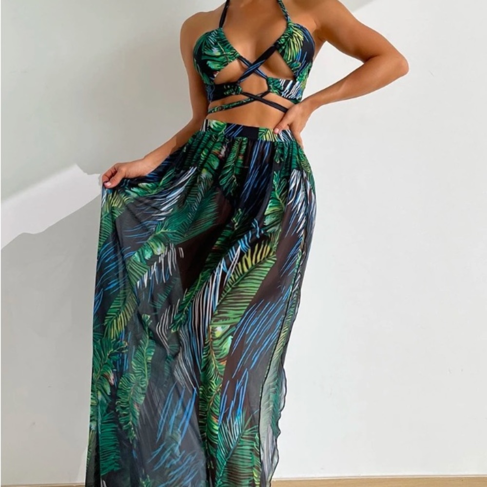 3 piece swim set: bikini top, bottom & skirt